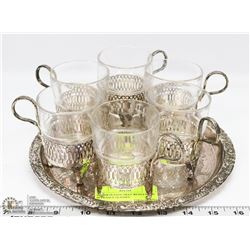 SILVER PLATED TRAY WITH 6 MADE IN FRANCE GLASSES.