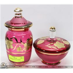 2 CRANBERRY GLASS DISHES.