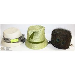 LOT OF 3 VINTAGE HATS - ONE WITH PEACOCK FEATHERS.