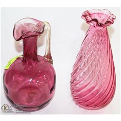 ANTIQUE CRANBERRY GLASS FLUTED VASE WITH PITCHER.