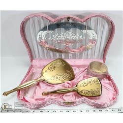 1950'S VANITY BRUSH MIRROR COMB AND JAR IN CASE