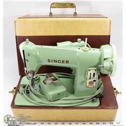 10) 1950S GREEN PORTABLE SINGER SEWING MACHINE W/