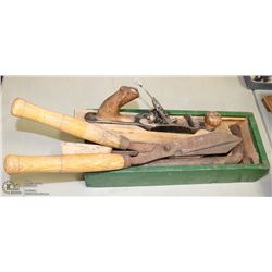 WOODEN BOX ANTIQUE TOOLS.