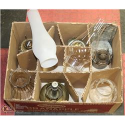5) BOX WITH 2 COAL OIL ANTIQUE LAMPS & 2 CANDLE