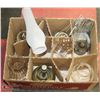 Image 1 : 5) BOX WITH 2 COAL OIL ANTIQUE LAMPS & 2 CANDLE