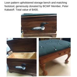 Loon Pattern Upholstered Storage Bench & Matching Footstool, Total Value $400.00