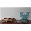 Image 1 : Blue Glass Candle Holder and Candy Dish, Blue Glass Bowl and Green Tooth Pick Holder