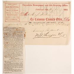 Calaveras Chronicle Billhead, Mokelumne Hill, 1862