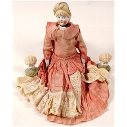 Vintage Doll Heads and Doll in Dress