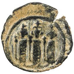 ARAB-BYZANTINE: Three Standing Figures, ca. 680-700, AE fals (3.57g), Tabariya. VF