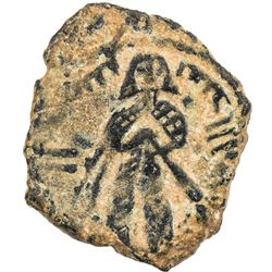 ARAB-BYZANTINE: Standing Caliph, ca. 692-697, AE fals (2.98g), Qurus, ND, A-3534.2, bold VF
