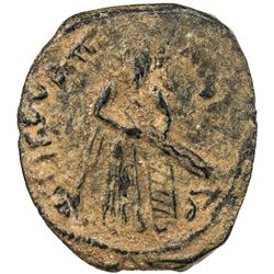 ARAB-BYZANTINE: Standing Caliph, ca. 692-697, AE fals (2.62g), Hims, ND, A-3542, VF