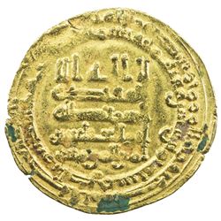 ABBASID: al-Muqtadir, 908-932, AV dinar (3.38g), al-Karaj, AH318. VF