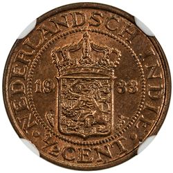 NETHERLANDS EAST INDIES: Wilhelmina I, 1890-1948, 1/2 cent, 1933(u). NGC MS64