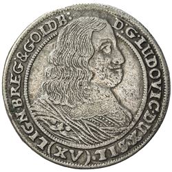SILESIA-LIEGNITZ-BRIEG: Georg III, 1659-1664, AR 15 kreuzer (5.74g), Brieg, 1660-EW. VF