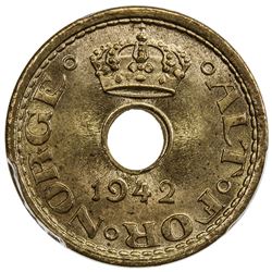 NORWAY: Haakon VII, 1905-1957, nickel-brass 10 ore, 1942. PCGS MS65