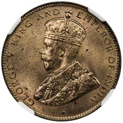 MAURITIUS: George V, 1910-1936, AE 2 cents, 1923. NGC MS65