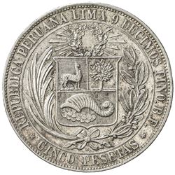 PERU: AR 5 pesetas, Lima, 1880. EF-AU