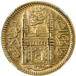 HYDERABAD: Mir Usman Ali Khan, 1911-1948, AV 1/2 ashrafi, AH1357 year 29. NGC MS63