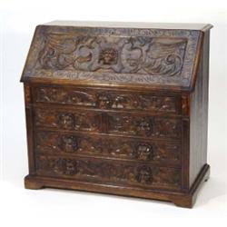 Victorian carved oak bureau, the fall enclo…