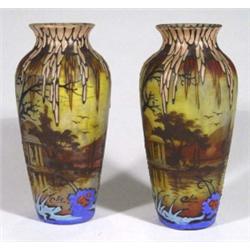 Pair of French glass vases, hand painted wi…