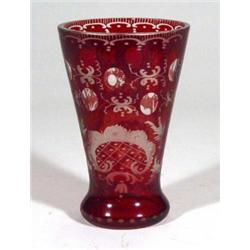 Ruby and clear Bohemian etched glass vase, …