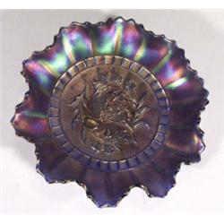 Cobalt blue and orange Carnival glass dish,…