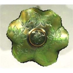 Green and orange Carnival glass vase, relie…