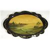 Image 1 : Oval tin tray painted with a landscape scen…