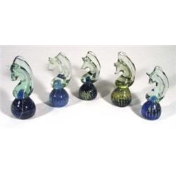 Five Medina clear blue and gold glass horse…