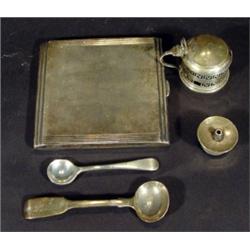 Silver cigarette case, two mustard spoons, …