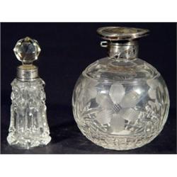 Globular cut glass silver topped scent bott…