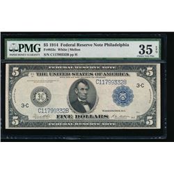 1914 $5 Philadelphia Federal Reserve Note PMG 35EPQ
