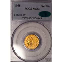 1908 $2 1/2 Indian Head Quarter Eagle Gold Coin PCGS MS63 CAC