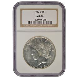 1922-D $1 Peace Silver Dollar Coin NGC MS64