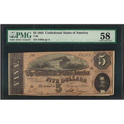 1864 $5 Confederate States of America Note T-69 PMG Choice About Uncirculated 58
