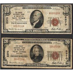 1929 $10 & $20 New York New York National Currency Note CH# 2370
