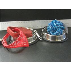 Pet Bundle / 2 stainless bowls / rope ball / retractible leash / bandana collar