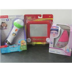 lot of 3 kids toys / etch a scetch / Phillips Dysney led lighting for kids room