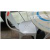 Image 2 : Round Table 2' Dia. w/Metal Base, 2 Retro Style White Chairs