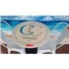 Image 2 : Round Table 2' Dia. w/Metal Base, 2 Retro Style White Chairs