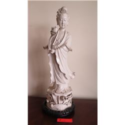 Chinese White Porcelain Guanyin Figure w/Wood Stand 25" H