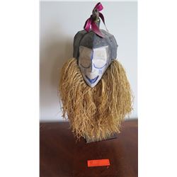 African Tribal Mask, Polychromed Wood w/ Raffia Collar, 23" H