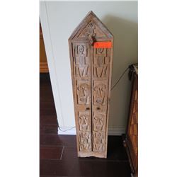 Tall Steepled Carved Indonesian Wooden Cabinet, 40" H, Carved Figural & Skull Motifs