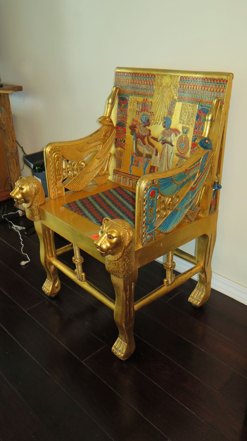 Painted Gilt Wooden Egyptian Revival Chair, Reproduction, Inlaid Woven