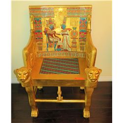 Painted Gilt Wooden Egyptian Revival Chair, Reproduction, Inlaid Woven Seat, 25" x 22" x 41"