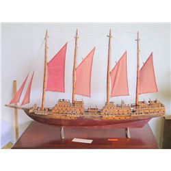 Large Wooden Ship Model, Used as Movie Prop, 4-Masted Ship w/ Rigging, Approx. 58" L, 38" H, Aged Co