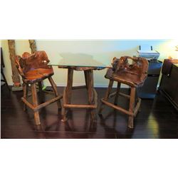 Burl Teak Table w/Glass Top (3ft x 3ft) 39" H & Pair of Matching Chairs