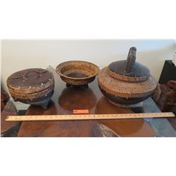 3 Woven Spice Baskets w/Lids (largest is approx. 16" wide)