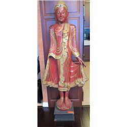 Tall Red Lacquered Carved Wood Standing Buddha w/Mirror Glass Applique, 66" H